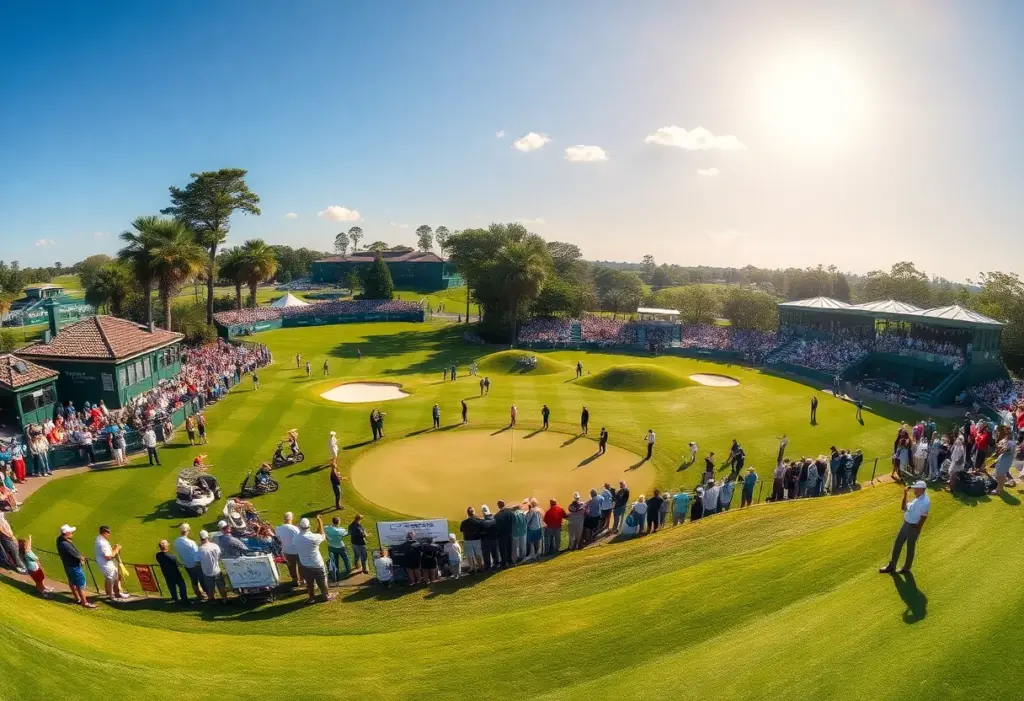 Golf tournament scene with players and spectators at Muirfield Village.