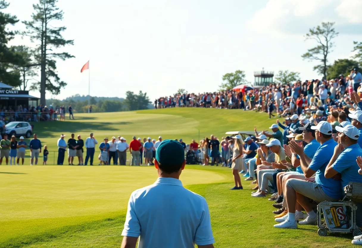 Golf tournament scene with players competing on the greens