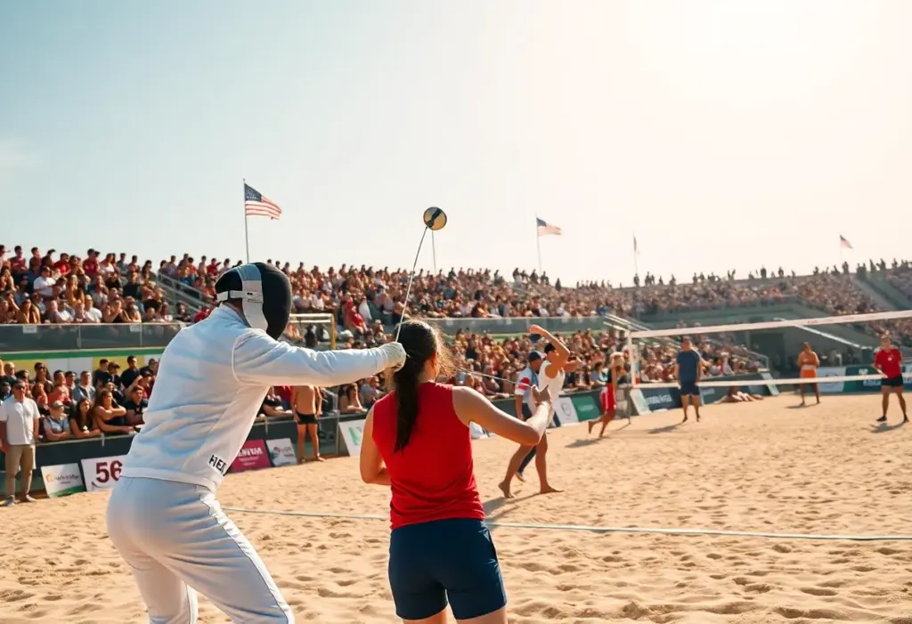 Athletes competing at the National Games with cheering crowd