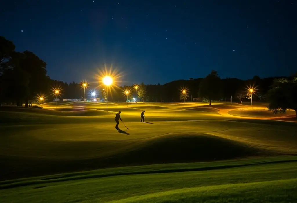 Golfers playing at night on a well-lit course.