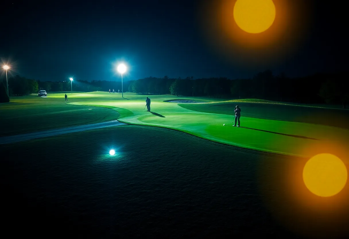 Golfers playing night golf on a floodlit course