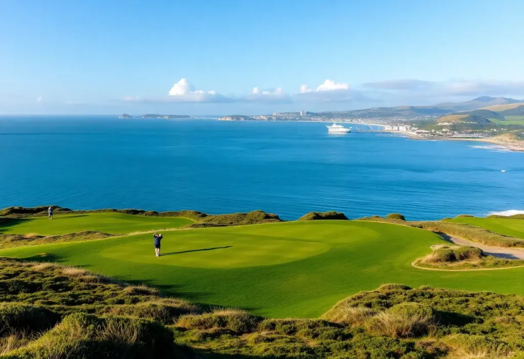 Scenic view of North Berwick Golf Club's West Links with golfers playing.