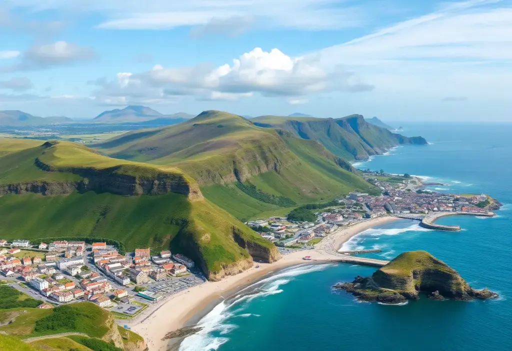 Scenic view of Northern Ireland with mountainous background and coastline