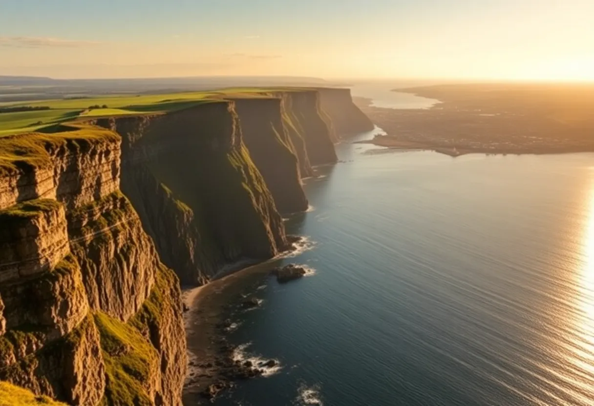 A breathtaking view of Northern Ireland featuring coastal cliffs and cityscapes.