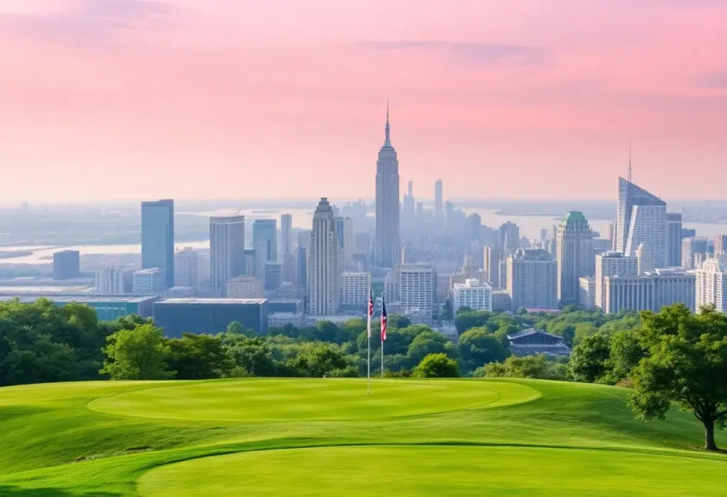 Scenic golf course view with New York City skyline