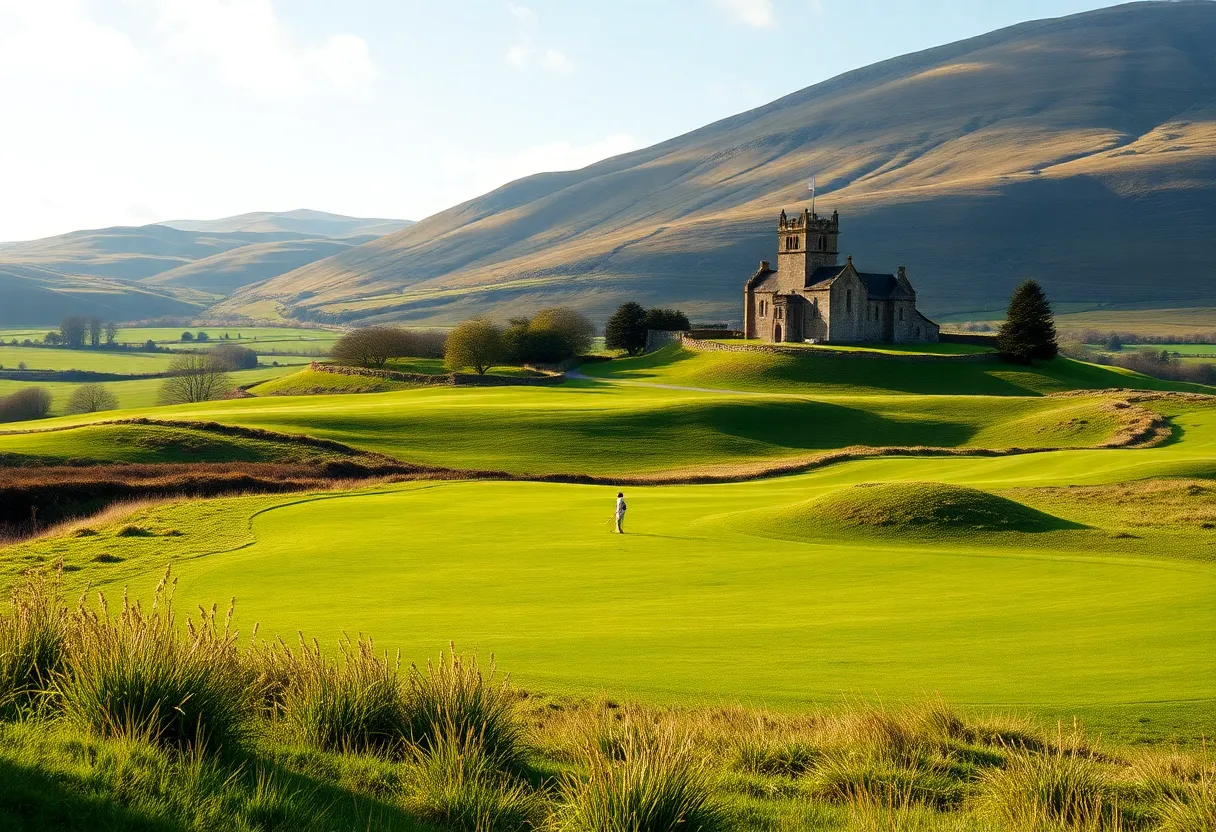 A panoramic view of the Old Petty Golf Course surrounded by lush greenery and historical landmarks.