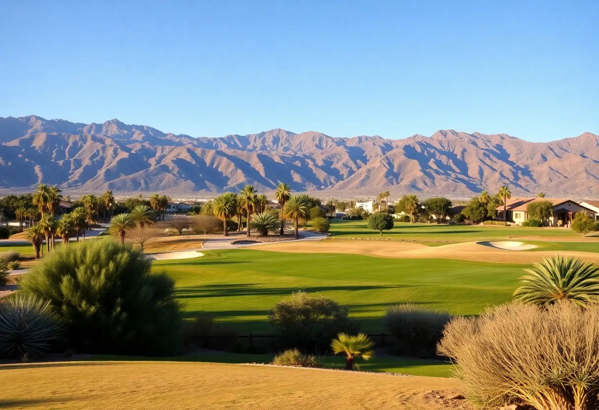 A stunning golf course with desert scenery and mountains