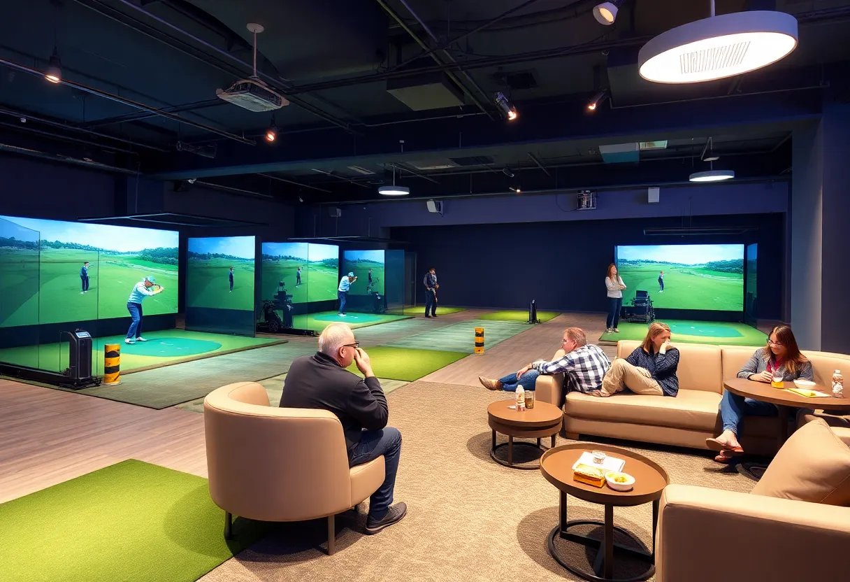 Interior view of the Park Golf Lounge with golf simulators and seating area