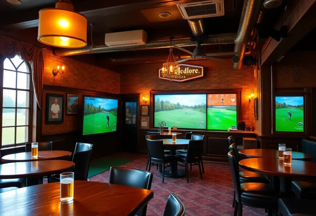 Interior of Pars and Pints showcasing golf simulators and Irish pub decor