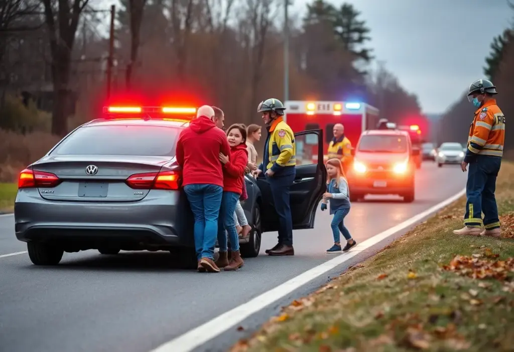 Scene depicting a car accident involving a family and emergency responders