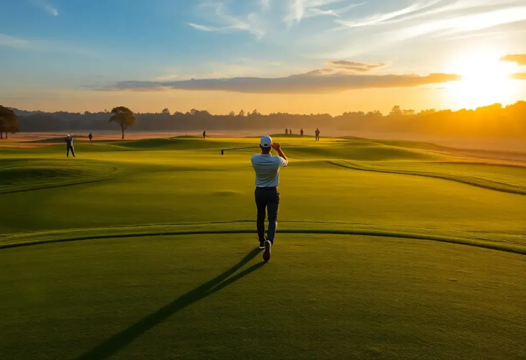 Golf course landscape with players practicing, symbolizing anticipation for a legendary golfer's return.