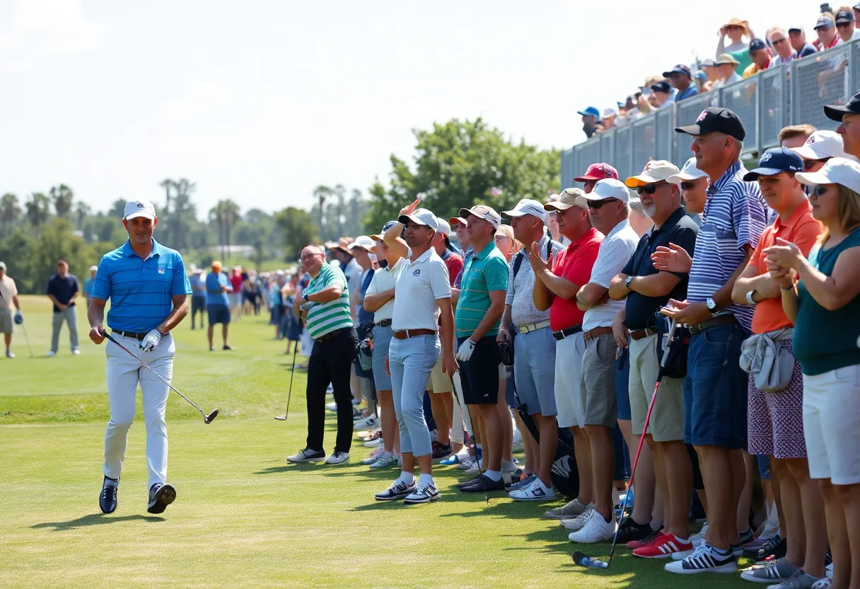Golf players competing in a PGA TOUR event in Indiana with fans in the background