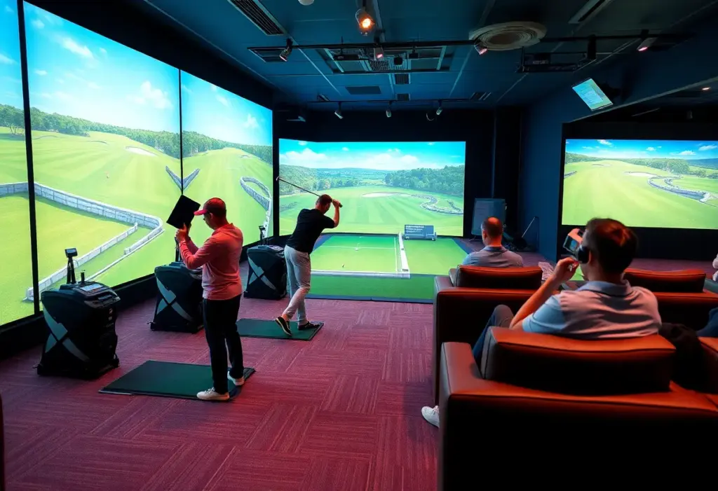 Interior view of Pin High Golf Simulator Facility showcasing golf bays and social area