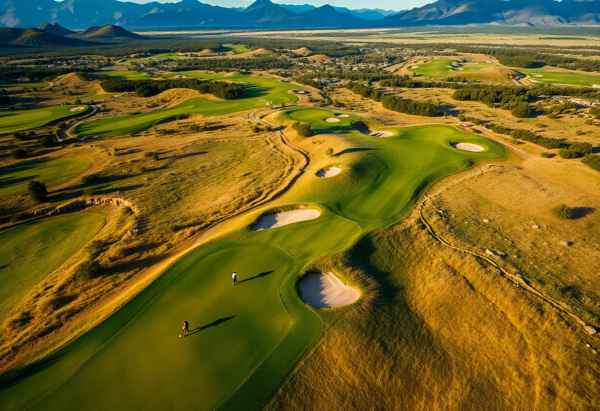 Aerial view of Pine Valley Golf Club with golf players on the course