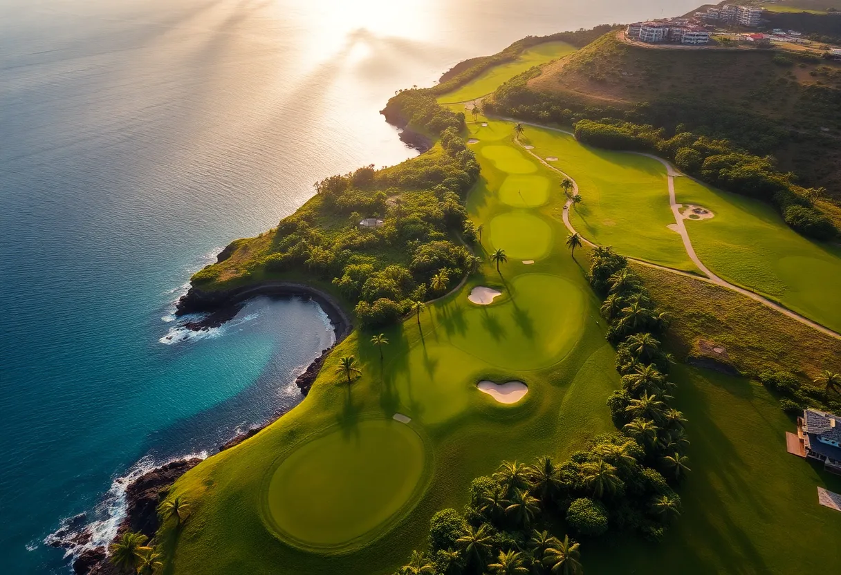 Aerial view of the Plantation Course showcasing ocean vistas and lush greens