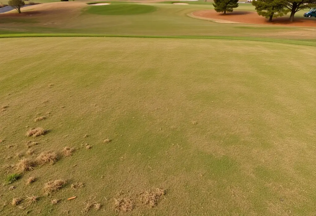 View of a golf course with dead grass and weeds