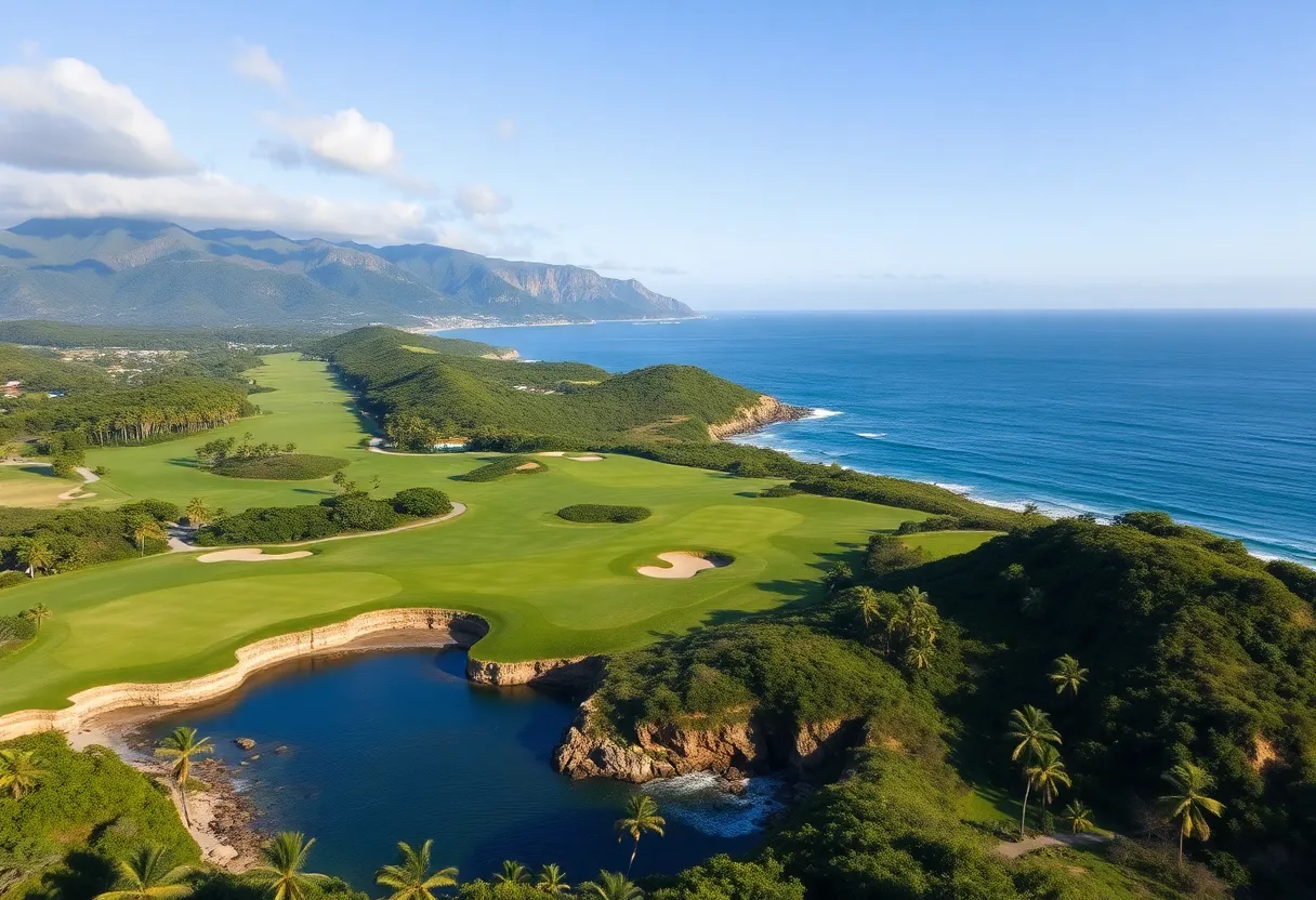 Scenic view of Princeville Makai Golf Course with oceanfront holes.