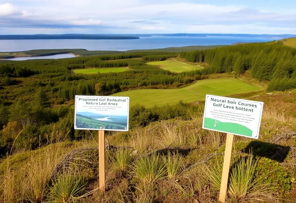 Aerial view of a natural park in Nova Scotia with golf course development signs