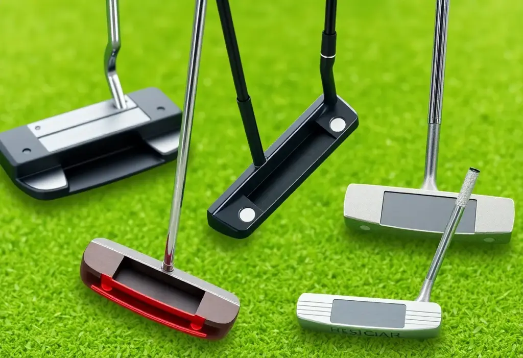 A selection of putters displayed on a golf green showcasing technology advancements.