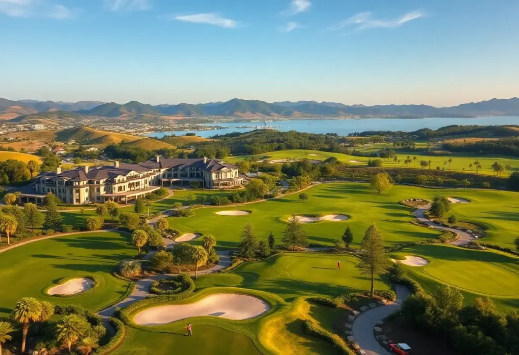 Scenic view of Quinta do Lago golf resort with golfers playing.