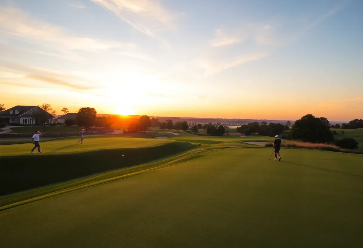 A scenic view of a golf course with players in action during a tournament.