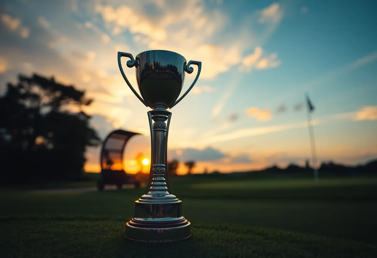 The trophy for the Rory McIlroy Award displayed on a golf course
