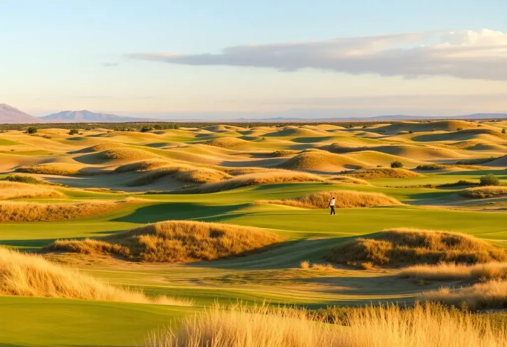 A picturesque golf course at Sand Valley, featuring golfers on the green.