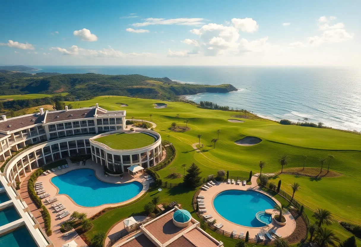 External view of Sawgrass Marriott Golf Resort with swimming pools and golf course.