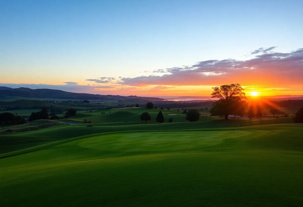 A beautiful golf course during sunset