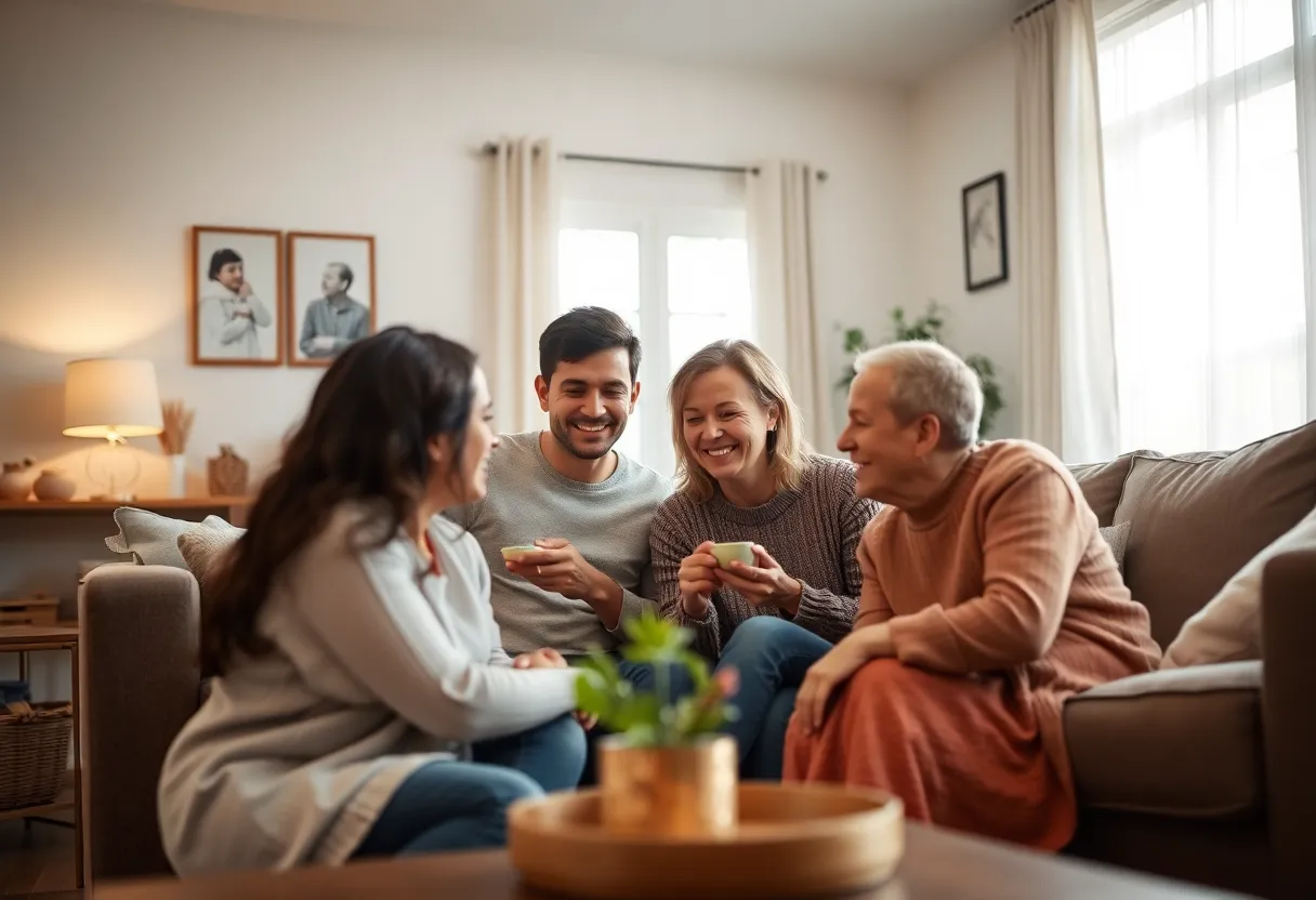 A loving family gathered together at home during a joyful moment.