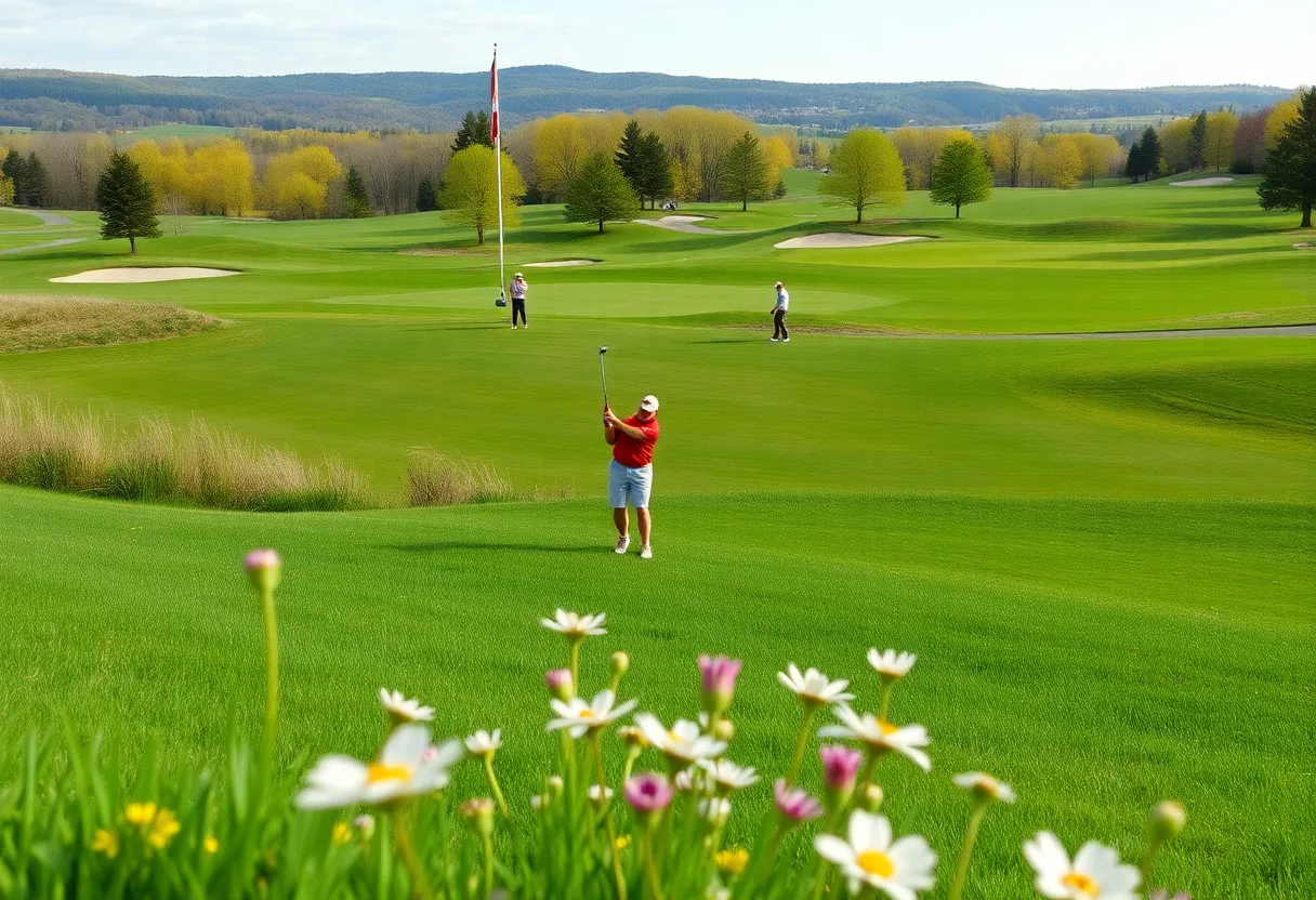 Golfers enjoying a sunny day at a Southern Tier golf course with vibrant green fairways