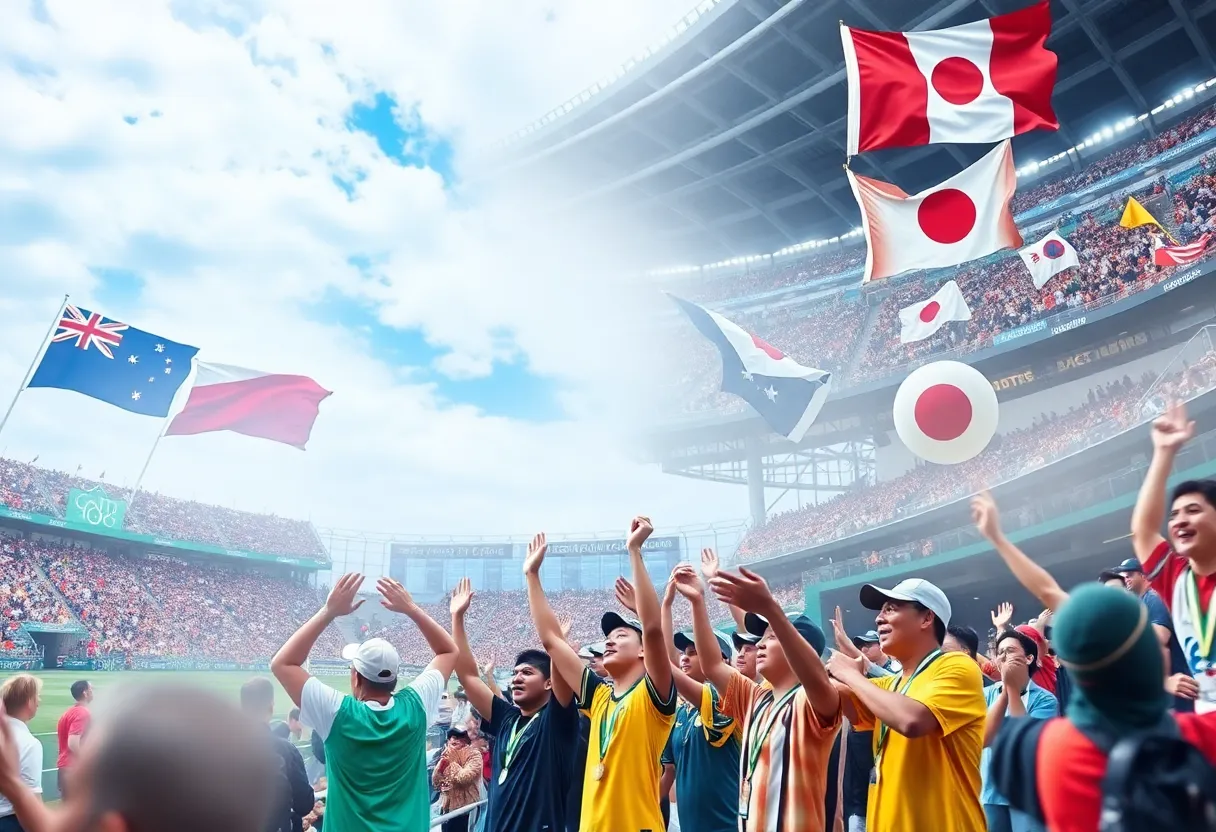 Illustration of sports tourism with fans and iconic stadiums in Australia and Japan.