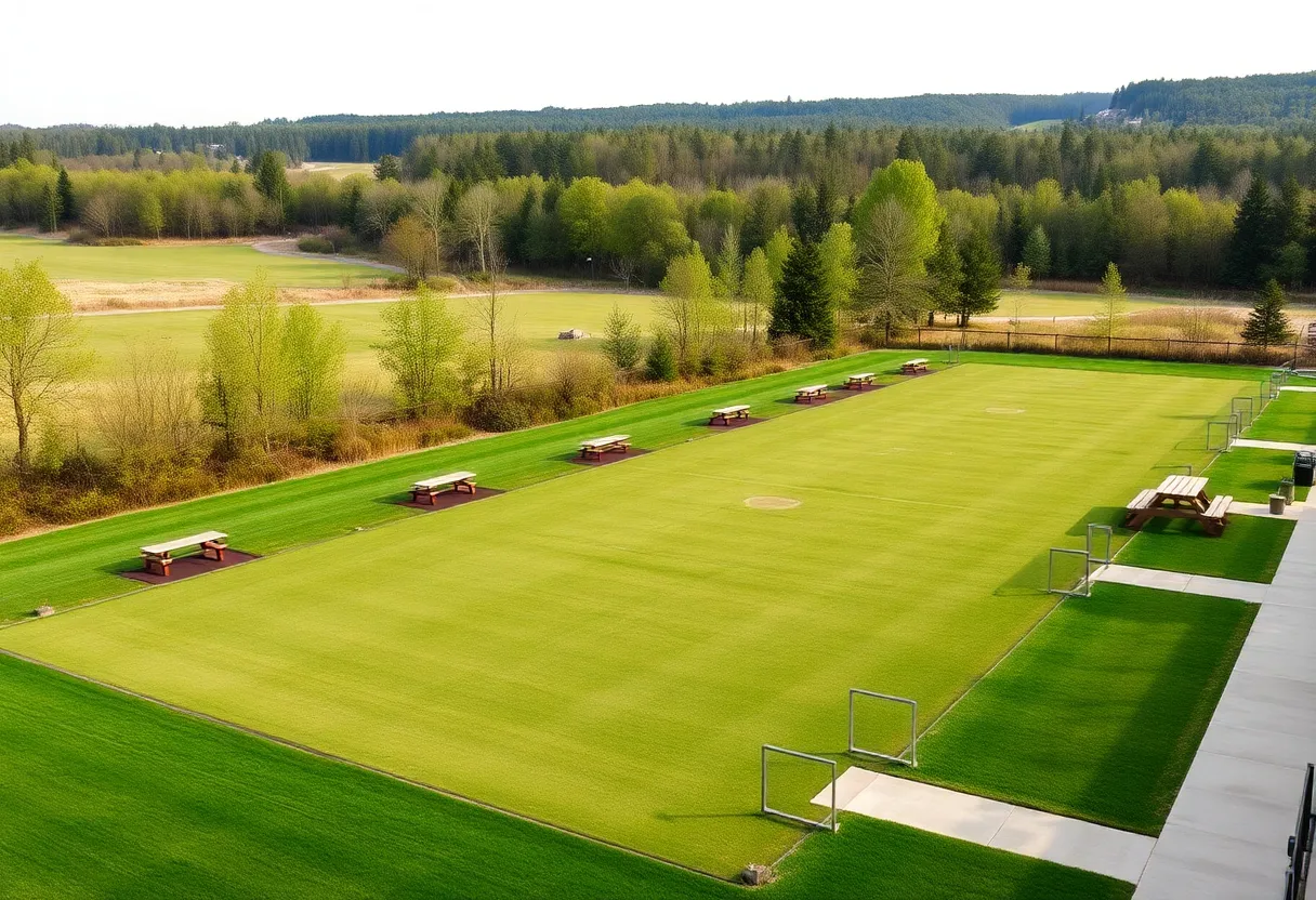 Driving range at StoneTree Golf Club with multiple tee stations and natural surroundings
