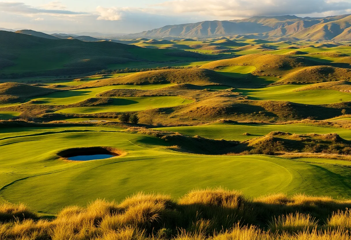 A picturesque golf course set against a beautiful landscape.