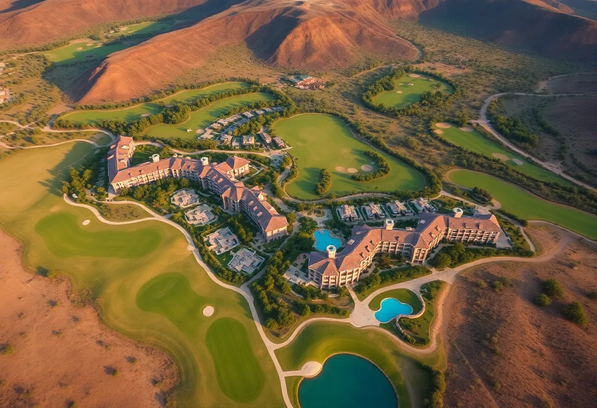 A panoramic view of Sun City Resort's golf courses and luxurious accommodations in southern Africa.