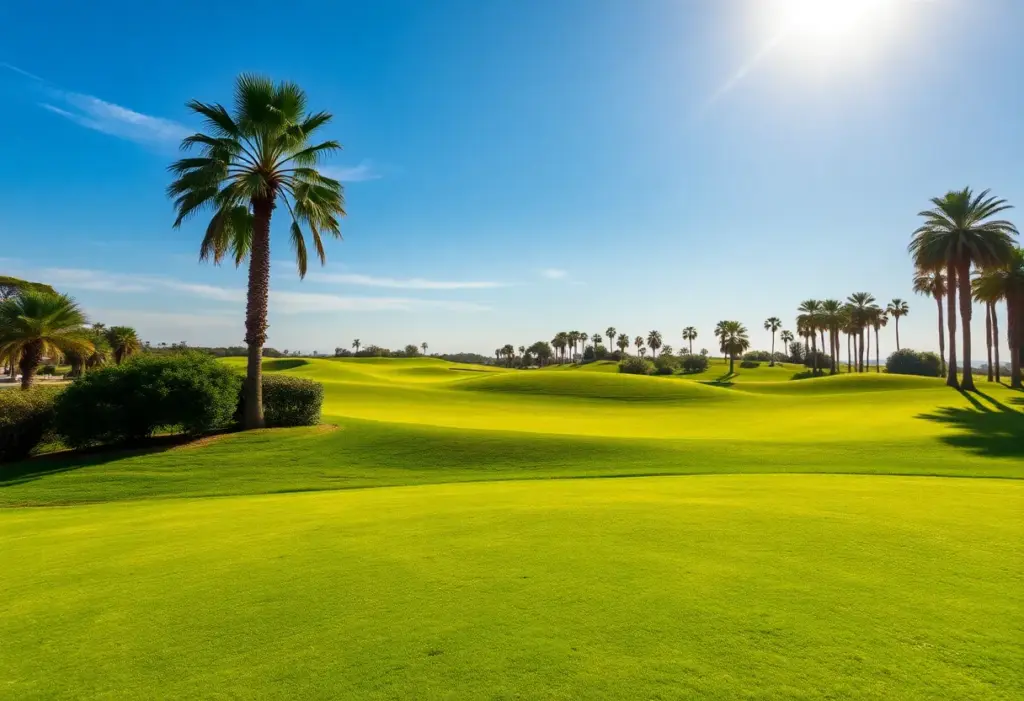 Golf course with palm trees and sunshine in Portugal