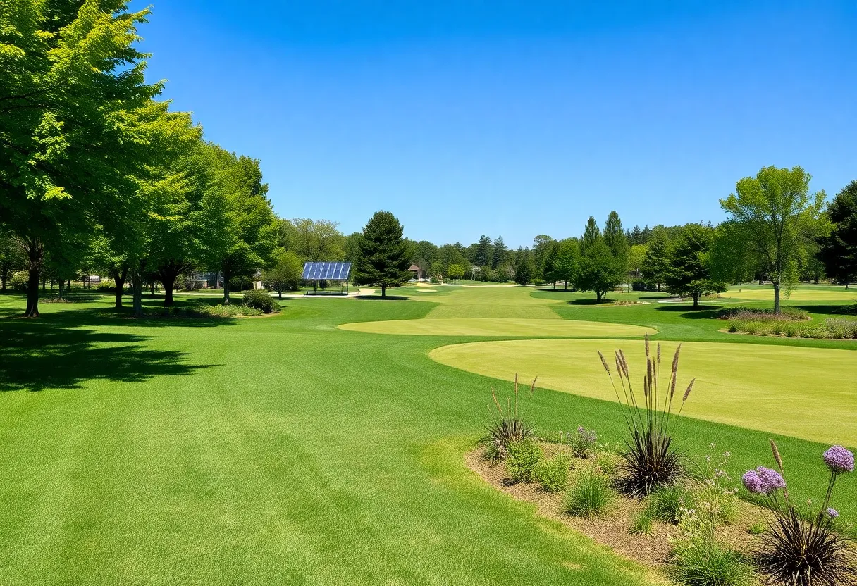 A lush golf course demonstrating sustainable practices with solar panels and native vegetation.