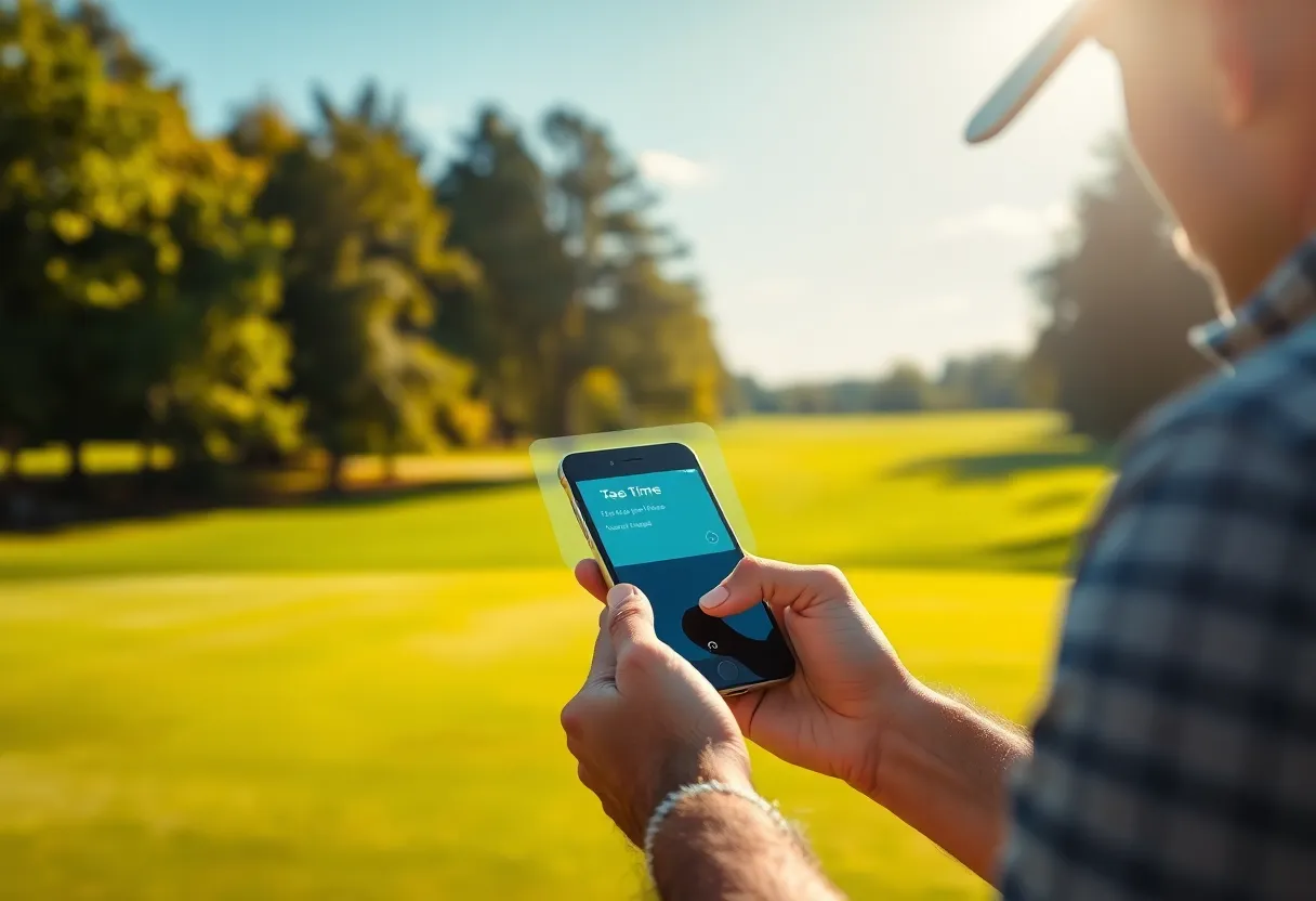 A golfer receiving a tee time alert on their phone at a beautiful golf course