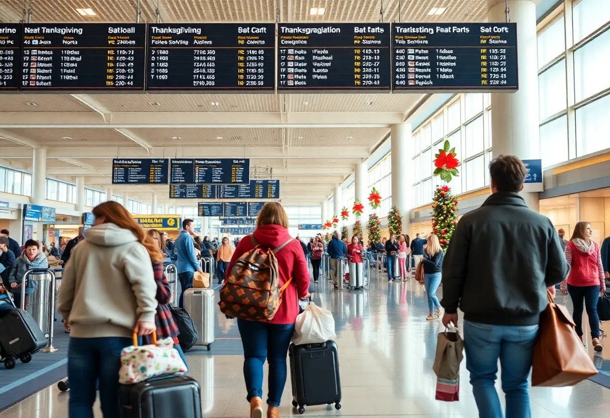 Families traveling at a busy airport during Thanksgiving season.