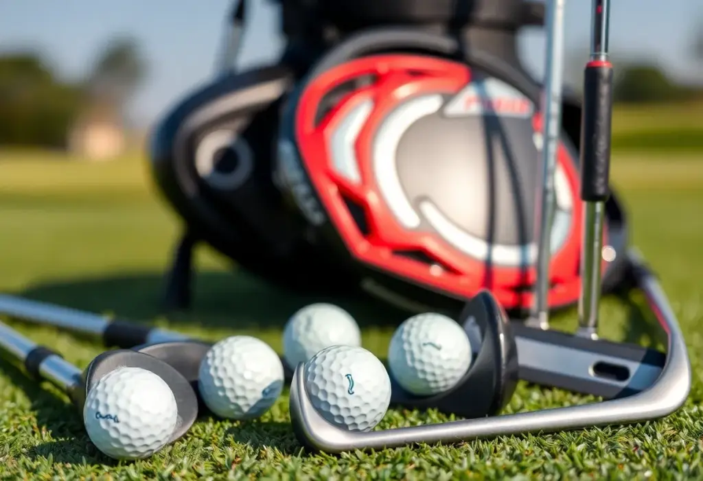 New Titleist golf gear including drivers and golf balls displayed on a golf course