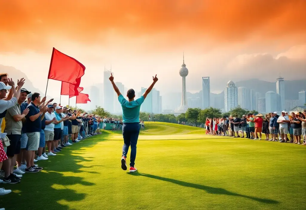 Golf champion celebrating on the green at the Hong Kong Open