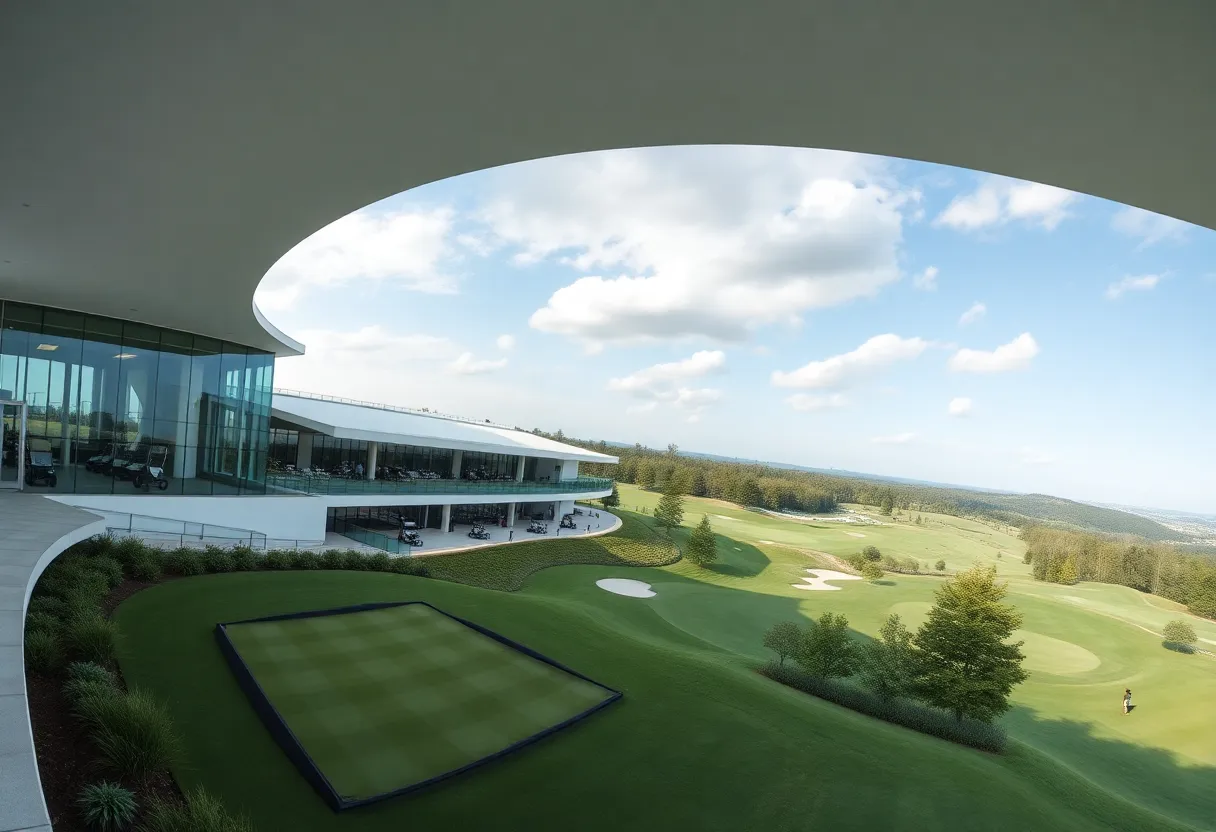 Modern golf training facility at Yas Links with advanced technology.