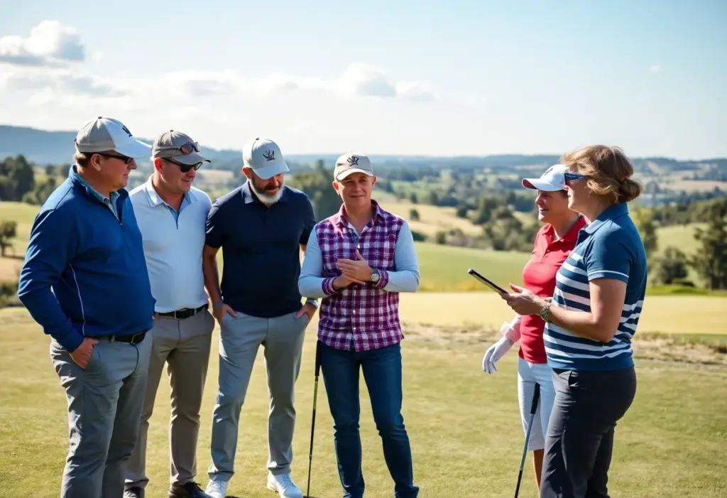 Diverse golf instructors sharing tips at a golf course