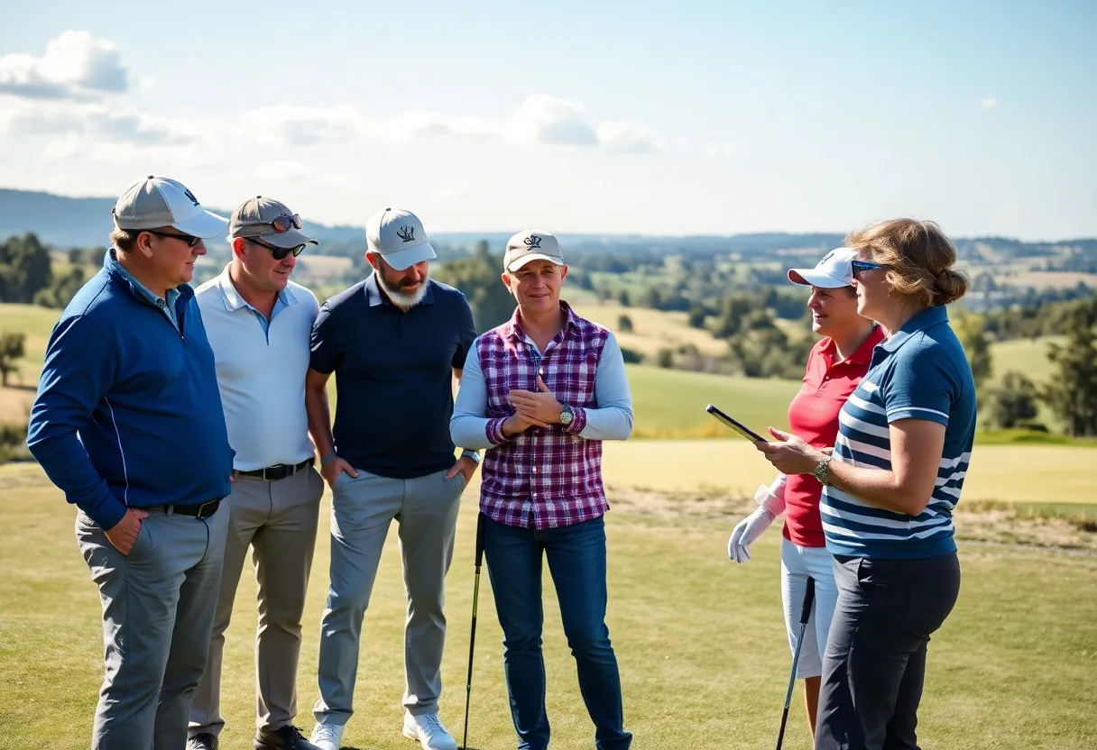 Diverse golf instructors sharing tips at a golf course