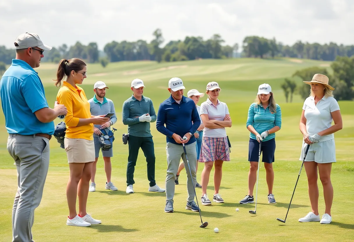 Golf instructors teaching a diverse group of students on a golf course.