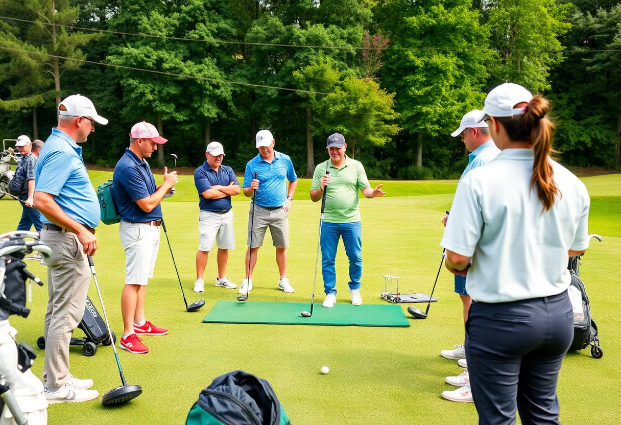 Golf instructors teaching students at a golf course