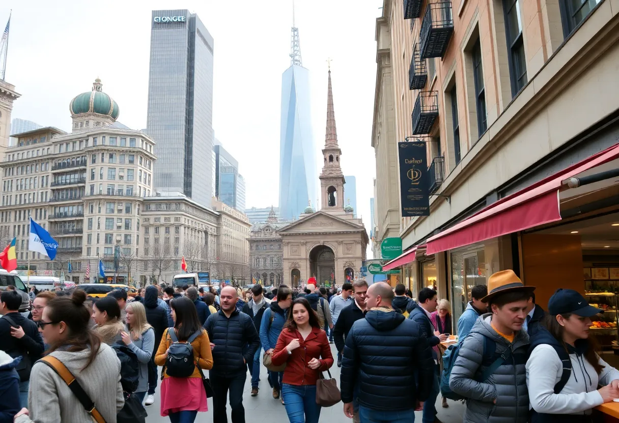 A vibrant urban scene with tourists enjoying local culture and attractions.