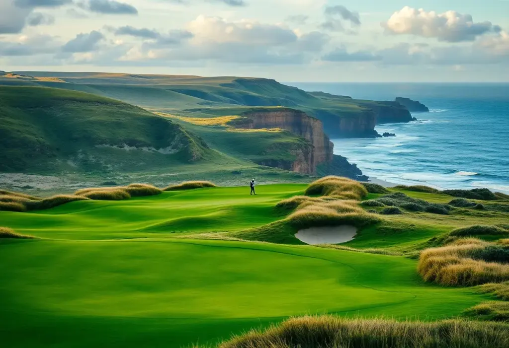 Scenic view of Trump International Scotland golf course against the dunes