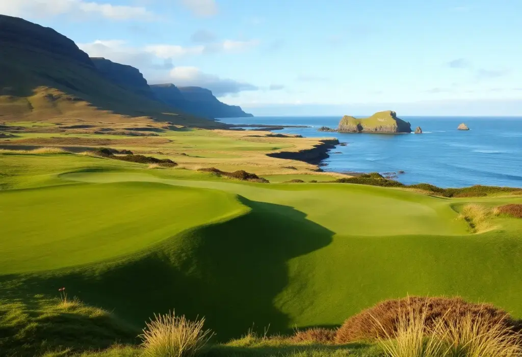 Scenic view of Trump International Scotland golf course with coastline