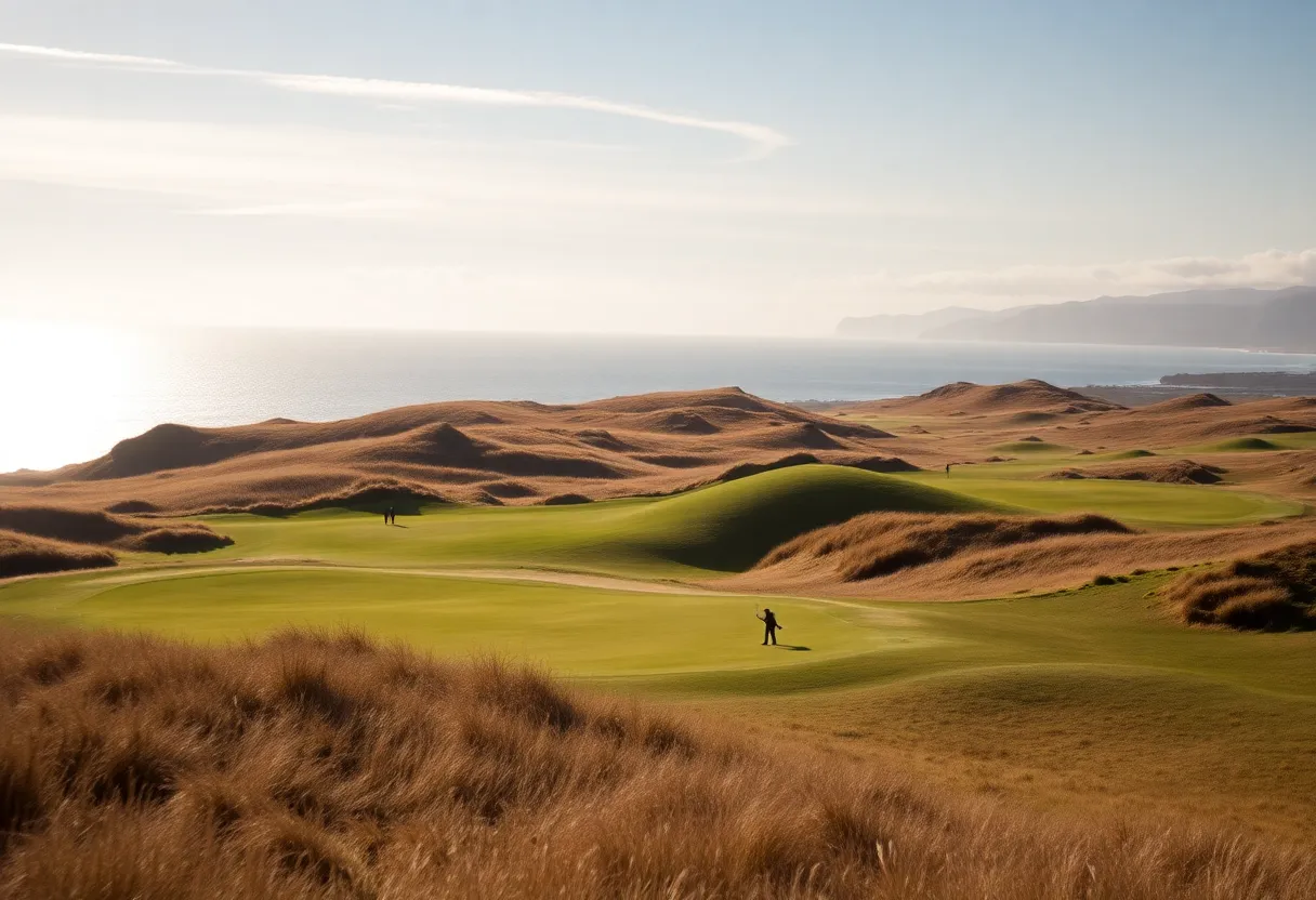 A picturesque view of Trump International Scotland's golf course with sand dunes and the North Sea.